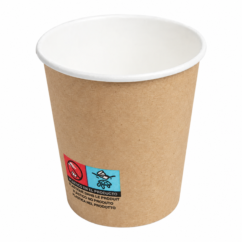 Gobelet carton kraft, vue trois-quarts avec marquage réglementaire