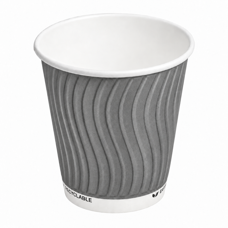 Gobelet carton double paroi gris, vue trois-quarts sur le carton ondulé