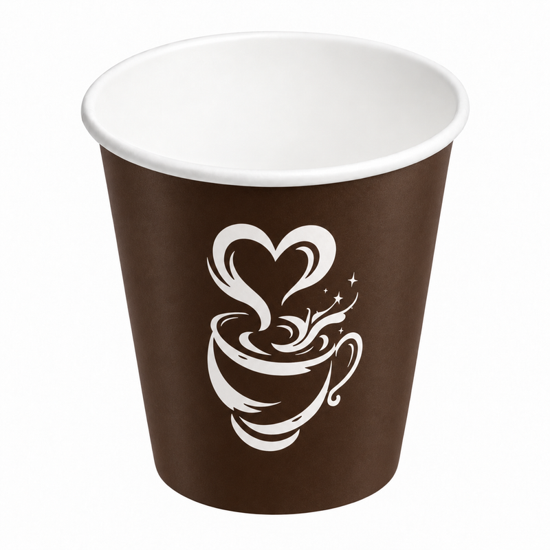Gobelet carton Barista brun à motif tasse, vue rapprochée du carton